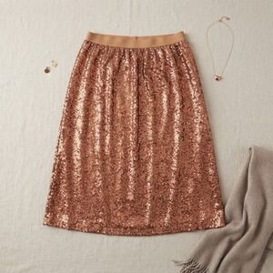 DR2 Sequin Skirt Womens Large Rose Gold Copper Midi A-Line Holiday Party Glam